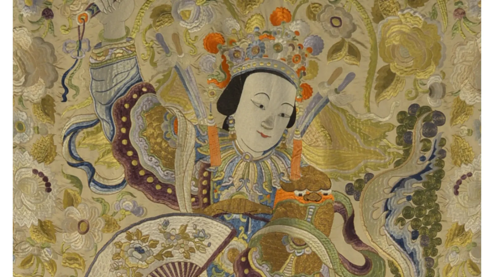 silk banner with image of a women with a fan