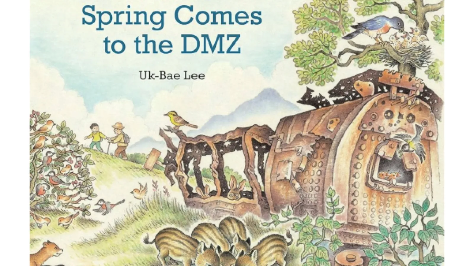 book cover with small children playing in background and animals around trees and structure