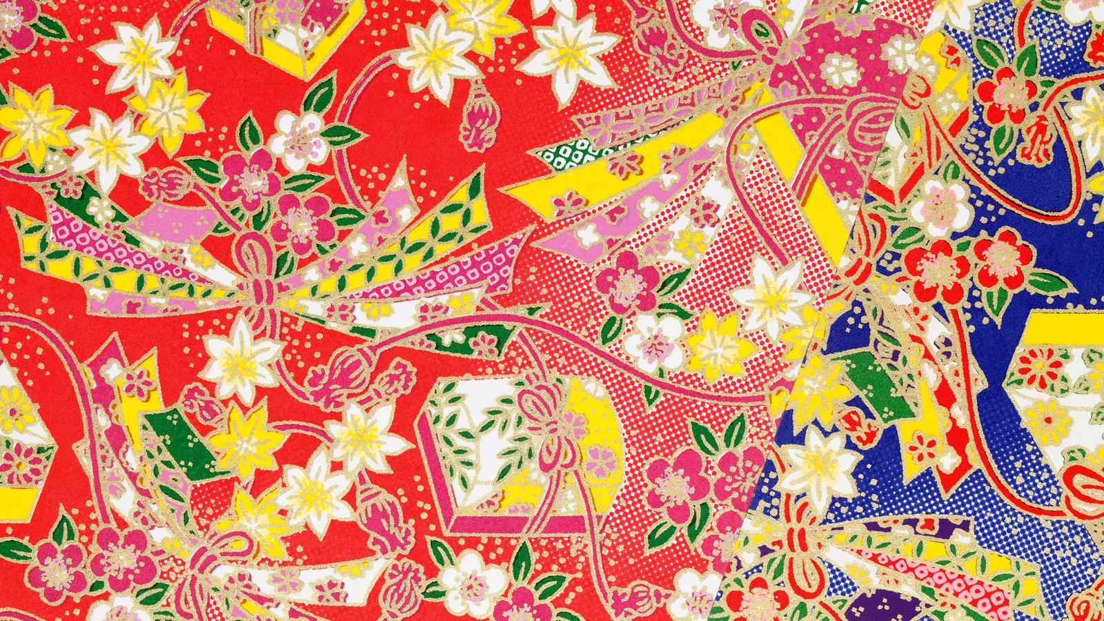 an image of Japanese patterned fabric of red, blue, and yellow