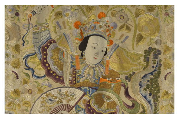 silk banner with image of a women with a fan
